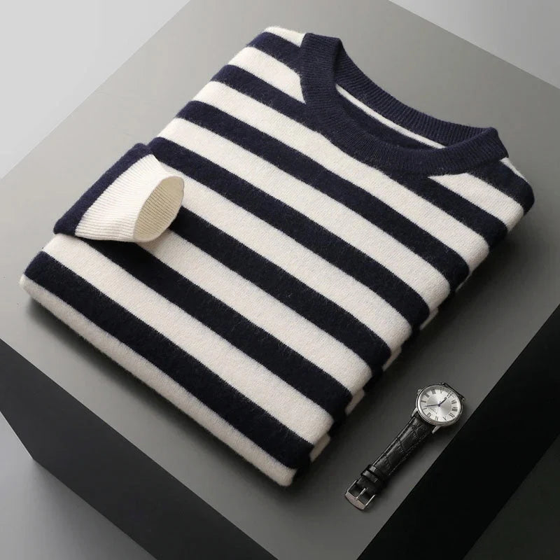 Men's Striped Wool Blend Knit Sweater with Ribbed Cuffs 2