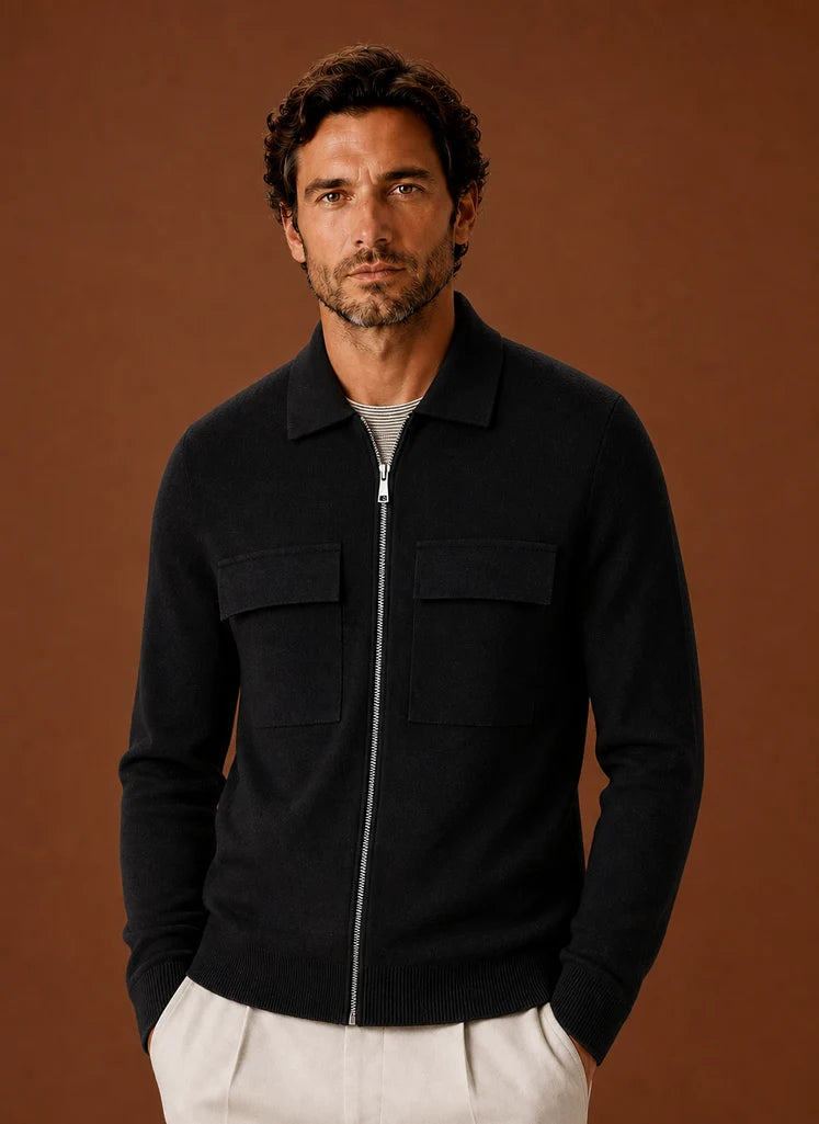 Men's Structured Knit Jacket with Full Zip and Utility Chest Pockets 0