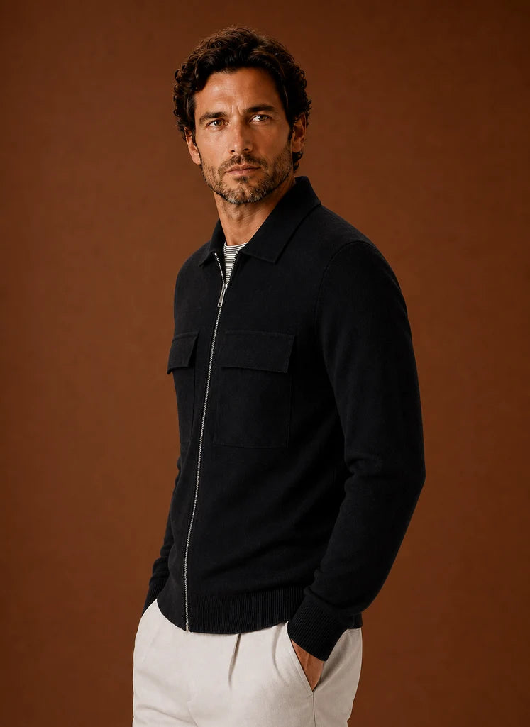 Men's Structured Knit Jacket with Full Zip and Utility Chest Pockets 3