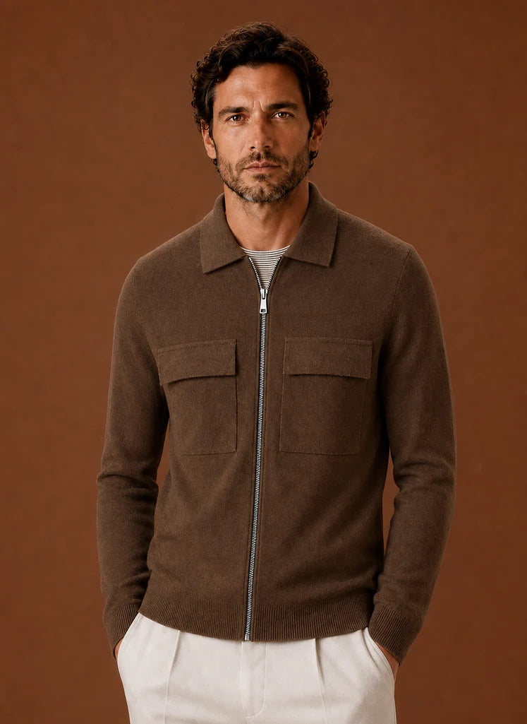 Men's Structured Knit Jacket with Full Zip and Utility Chest Pockets 4
