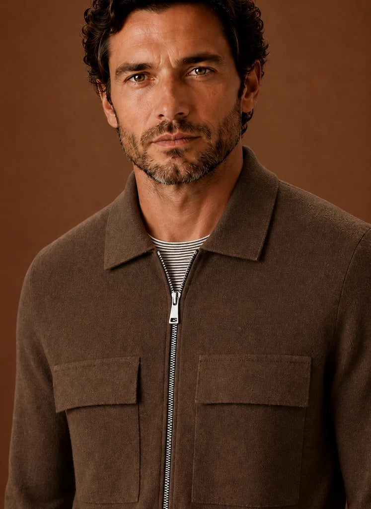 Men's Structured Knit Jacket with Full Zip and Utility Chest Pockets 6