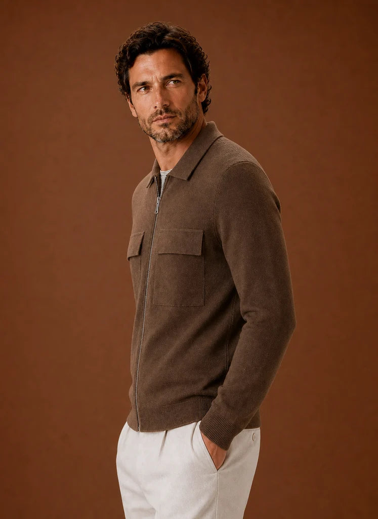 Men's Structured Knit Jacket with Full Zip and Utility Chest Pockets 7