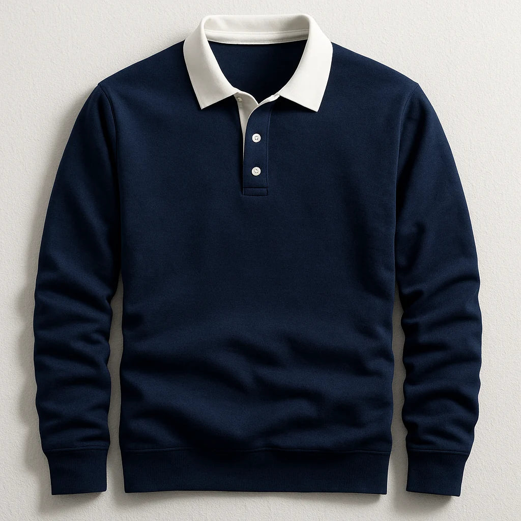 Men's Tailored Long Sleeve Polo Shirt with Contrast Collar 0