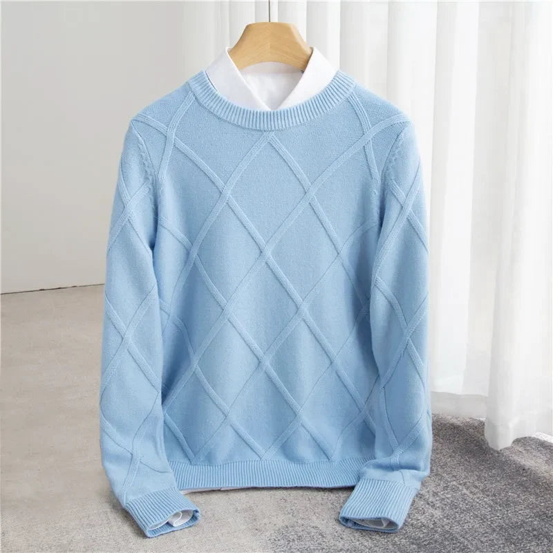 Men's Textured Knit Wool Blend Crew Neck Sweater for All-Day Comfort 0
