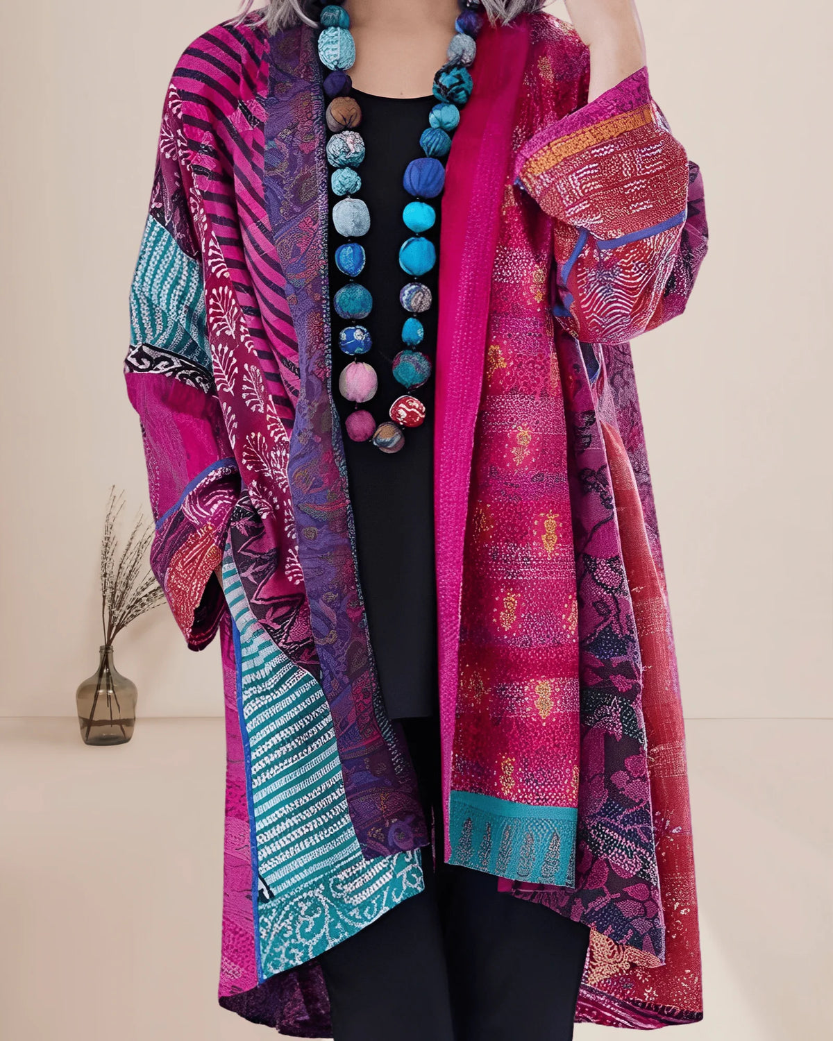 Oversized Boho Patchwork Cardigan with Wide Sleeves 0