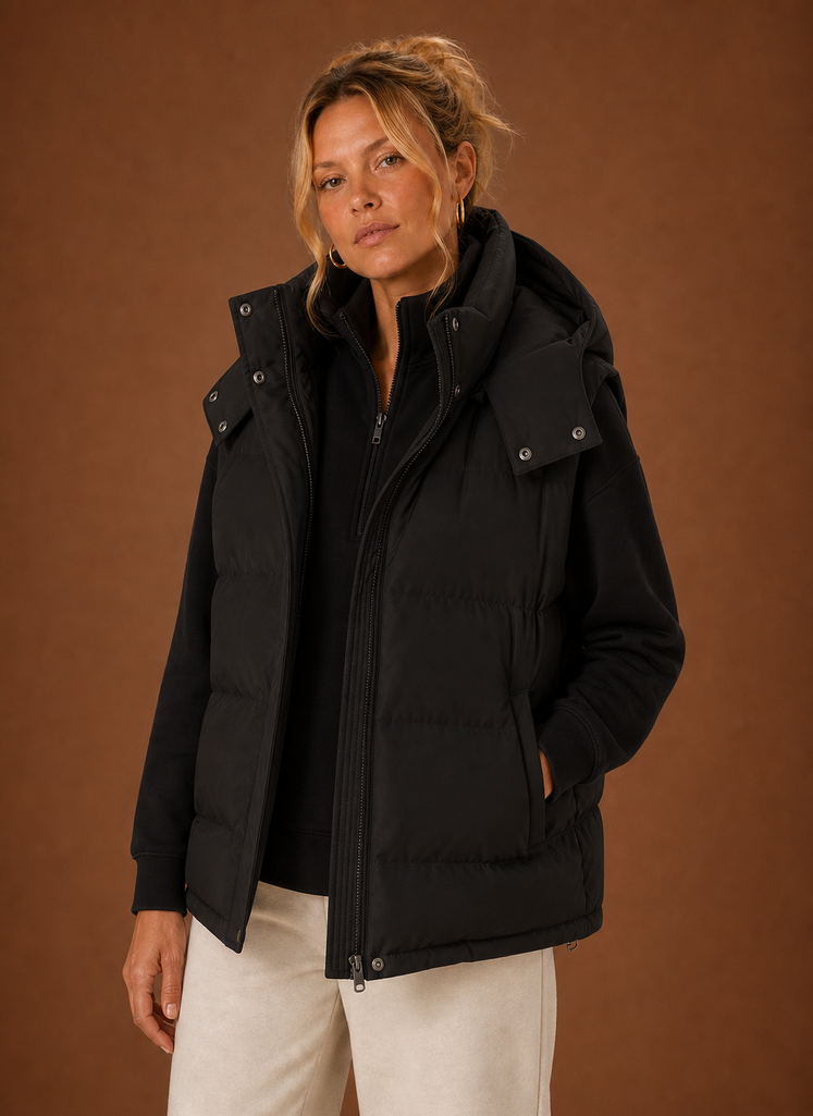 Oversized hooded puffer vest for women featuring a quilted sleeveless design, perfect for stylish warmth in colder weather. 1