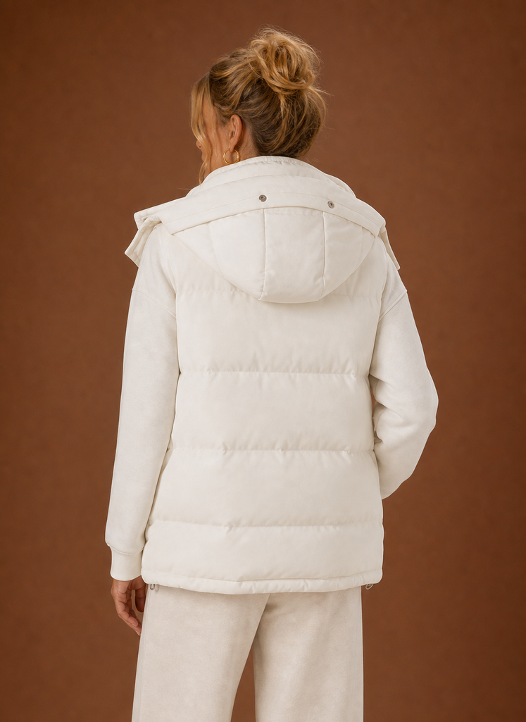 Oversized hooded puffer vest for women featuring a quilted sleeveless design, perfect for stylish warmth in colder weather. 2