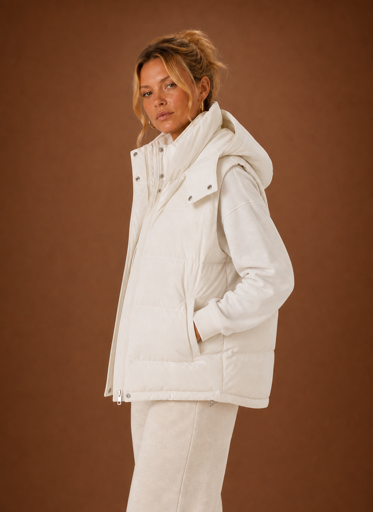 Oversized hooded puffer vest for women featuring a quilted sleeveless design, perfect for stylish warmth in colder weather. 3
