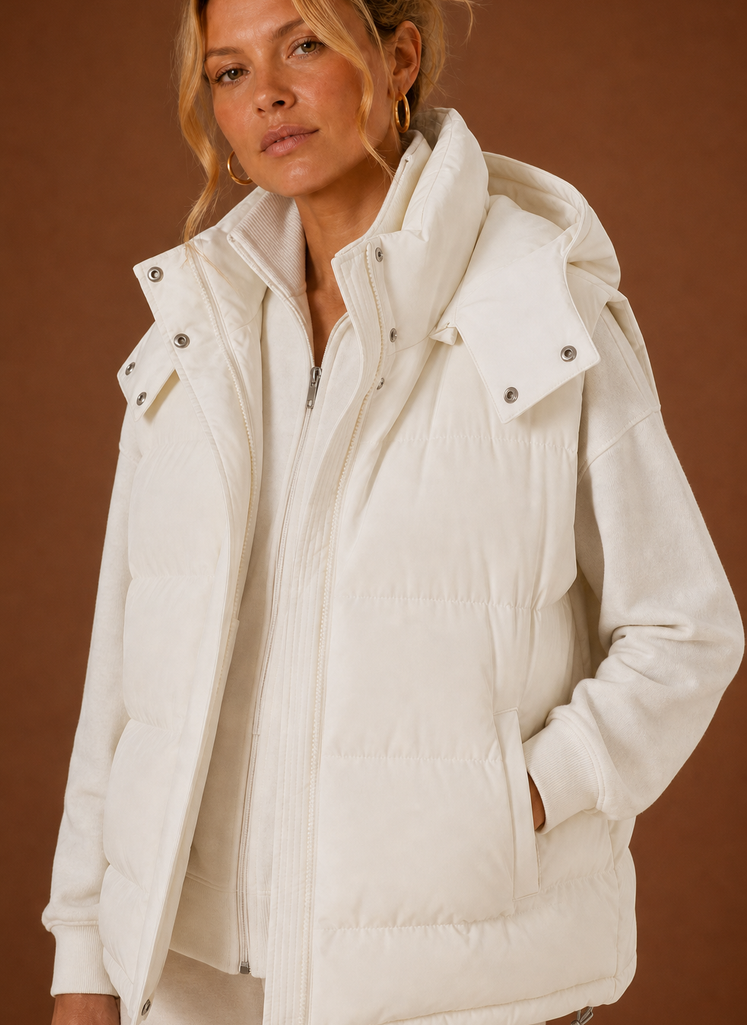 Oversized hooded puffer vest for women featuring a quilted sleeveless design, perfect for stylish warmth in colder weather. 4