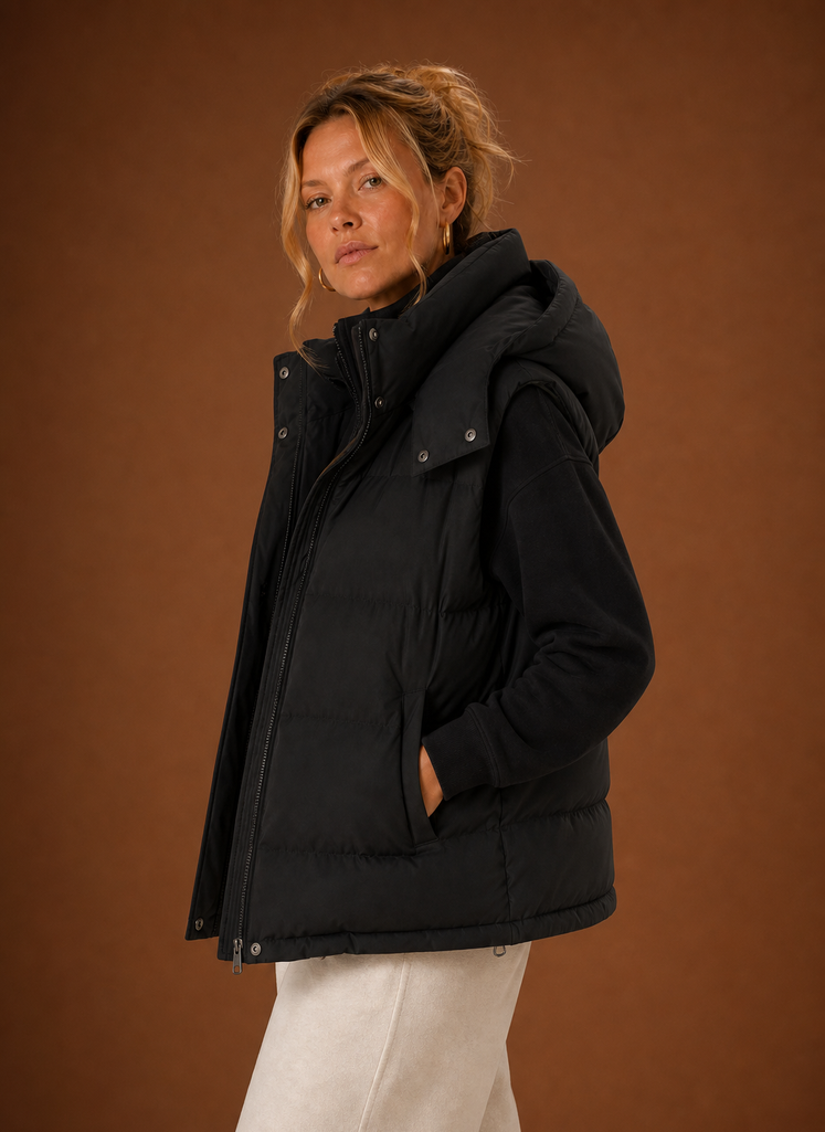Oversized hooded puffer vest for women featuring a quilted sleeveless design, perfect for stylish warmth in colder weather. 5