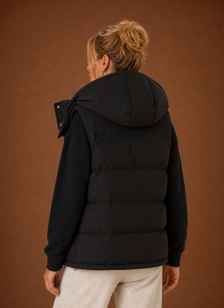 Oversized hooded puffer vest for women featuring a quilted sleeveless design, perfect for stylish warmth in colder weather. 6