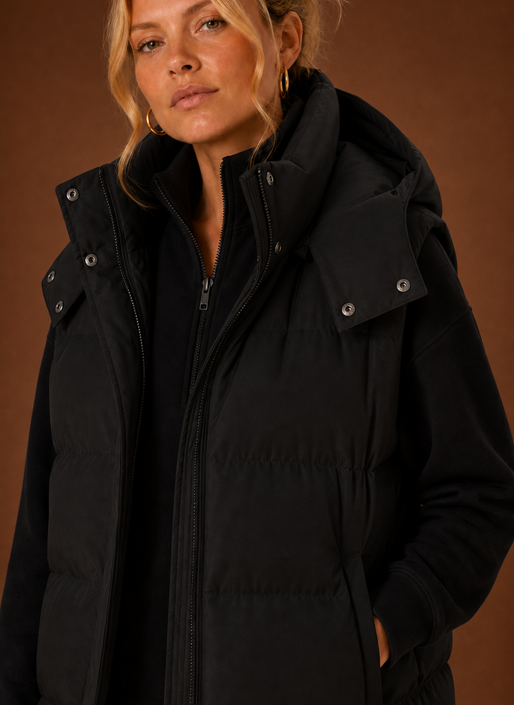 Oversized hooded puffer vest for women featuring a quilted sleeveless design, perfect for stylish warmth in colder weather. 7