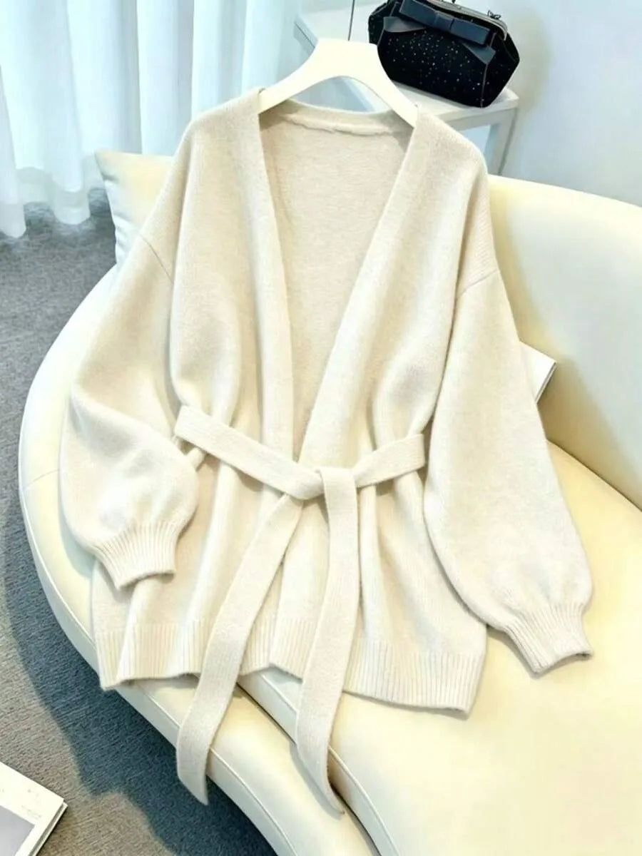 Oversized Knit Cardigan with Waist Belt and Ribbed Cuffs 0
