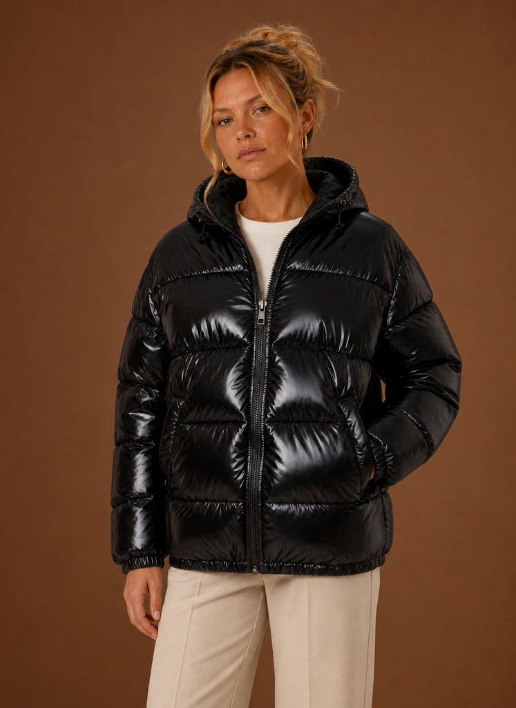 Oversized women's black puffer jacket designed for winter warmth and comfort, featuring a stylish and cozy silhouette with a spacious fit. 0