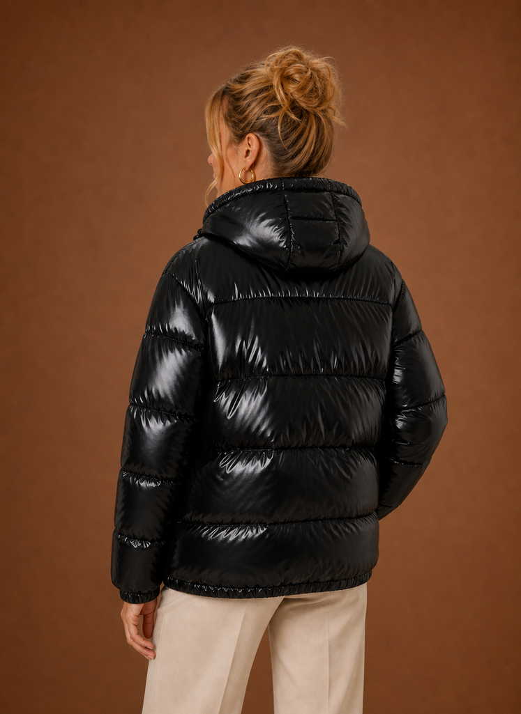 Oversized women's black puffer jacket designed for winter warmth and comfort, featuring a stylish and cozy silhouette with a spacious fit. 2