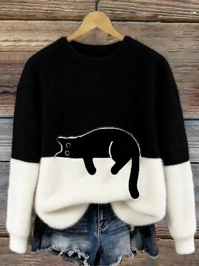 Oversized Women's Sweater with Cat Print for Casual Comfort 0