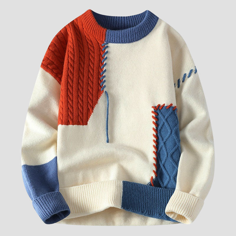 Patchwork Color Block Knit Sweater with Cable Texture 0