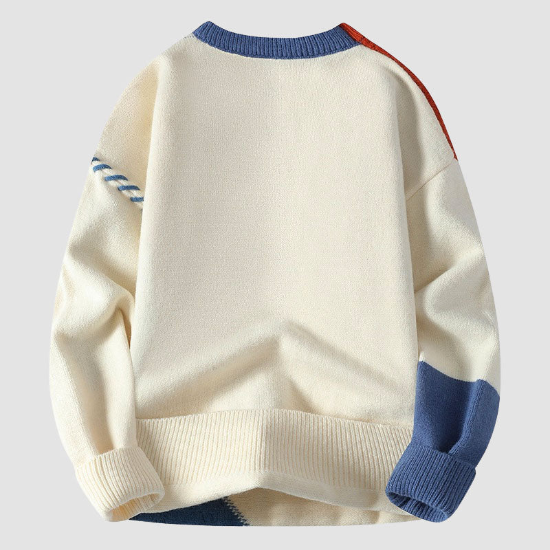 Patchwork Color Block Knit Sweater with Cable Texture 3