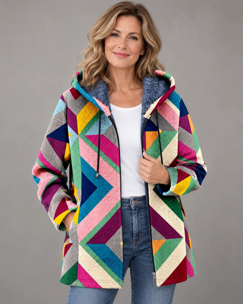 Relaxed Fit Cardigan with Geometric Print and Fleece Lining 1