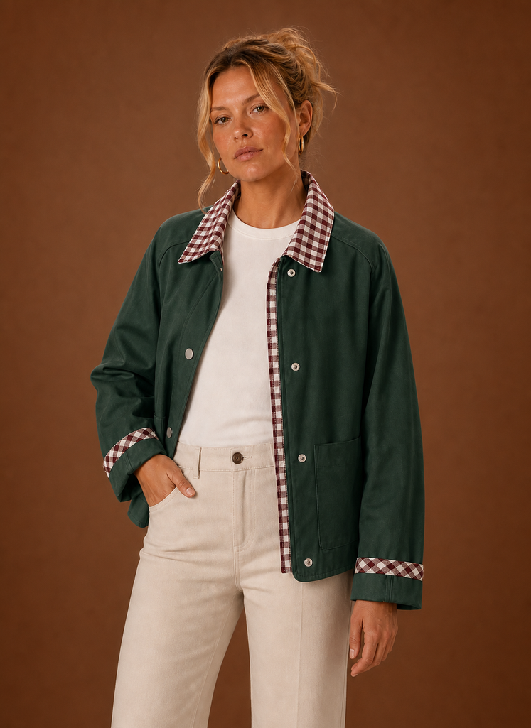 Relaxed fit women's jacket featuring a stylish checked collar and cuffs, perfect for casual outfits and layering in any season. 3