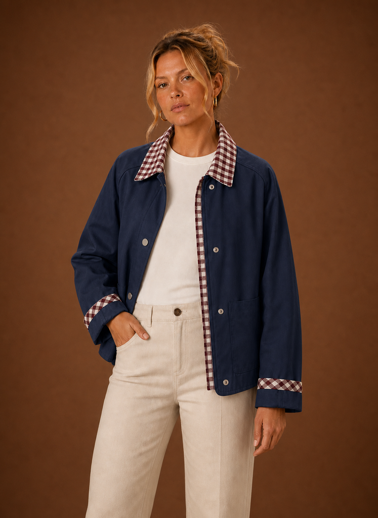 Relaxed fit women's jacket featuring a stylish checked collar and cuffs, perfect for casual outfits and layering in any season. 4