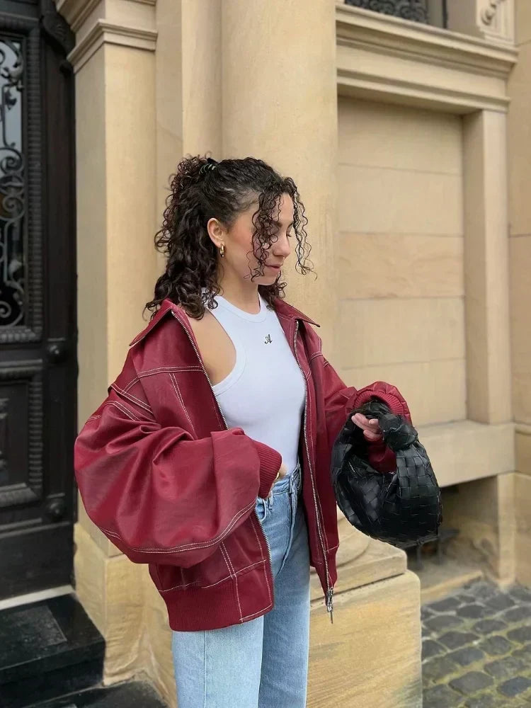 Oversized Leather-Look Zip Bomber