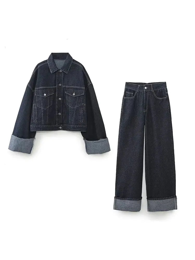 Cropped Denim Jacket and Trousers Set