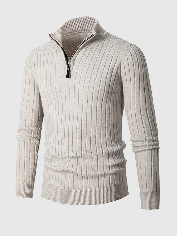 Slim Fit Ribbed Quarter-Zip Sweater with Stand-Up Collar 0