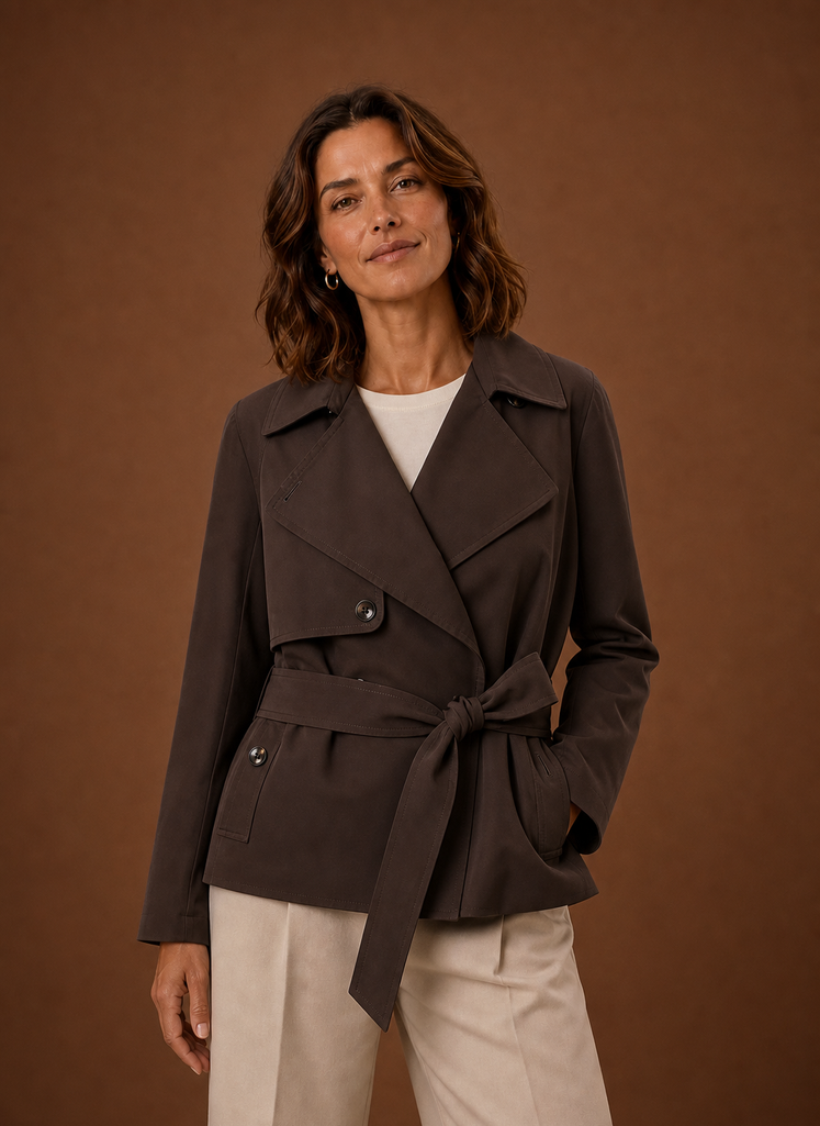 Women's belted trench coat featuring a streamlined fit, designed for all seasons, showcasing a classic silhouette and versatile style. 0