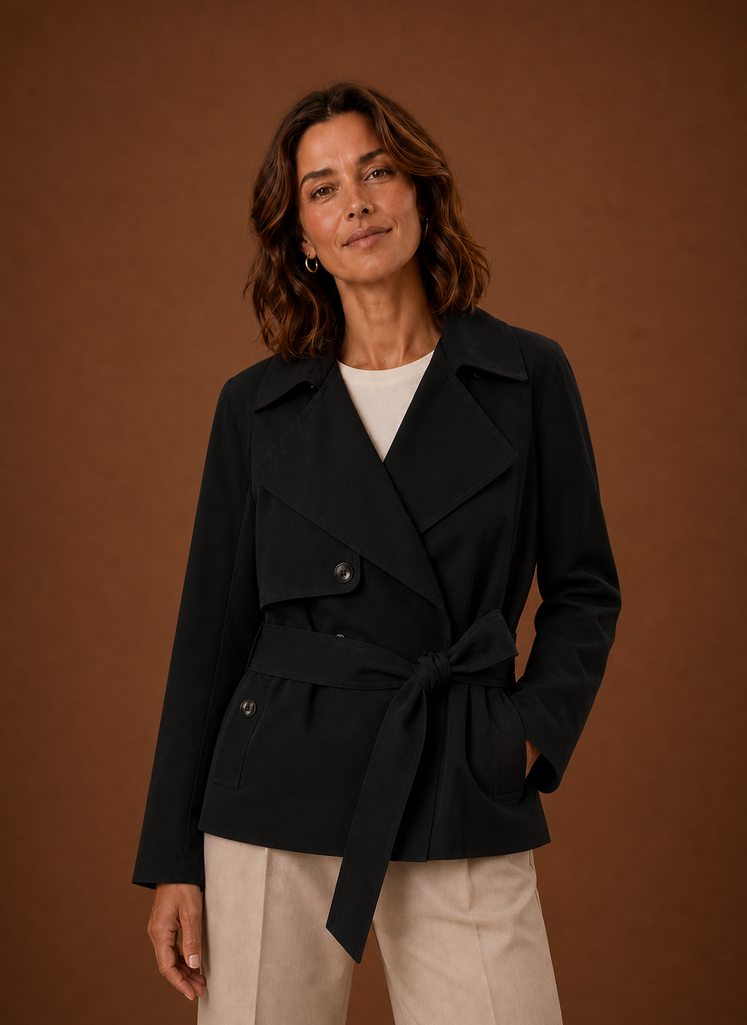 Women's belted trench coat featuring a streamlined fit, designed for all seasons, showcasing a classic silhouette and versatile style. 1
