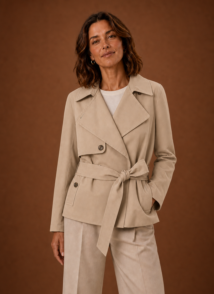 Women's belted trench coat featuring a streamlined fit, designed for all seasons, showcasing a classic silhouette and versatile style. 2