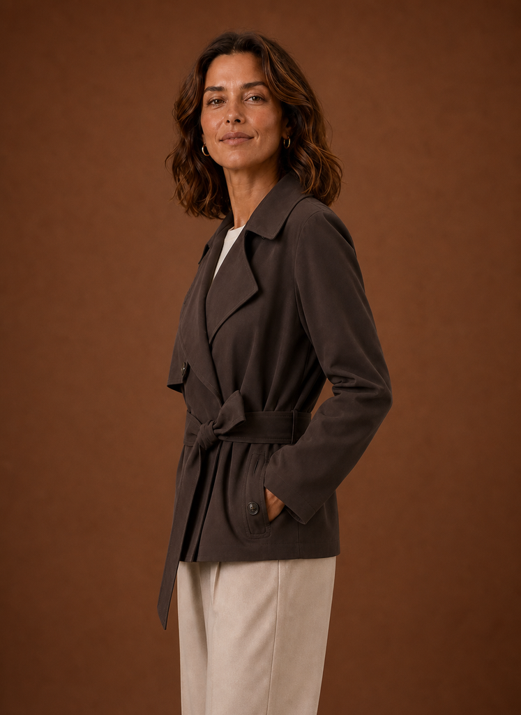 Women's belted trench coat featuring a streamlined fit, designed for all seasons, showcasing a classic silhouette and versatile style. 3