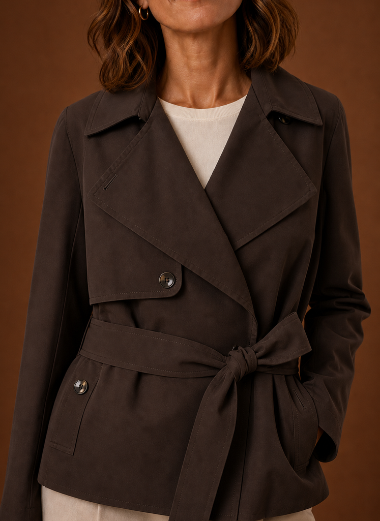 Women's belted trench coat featuring a streamlined fit, designed for all seasons, showcasing a classic silhouette and versatile style. 5