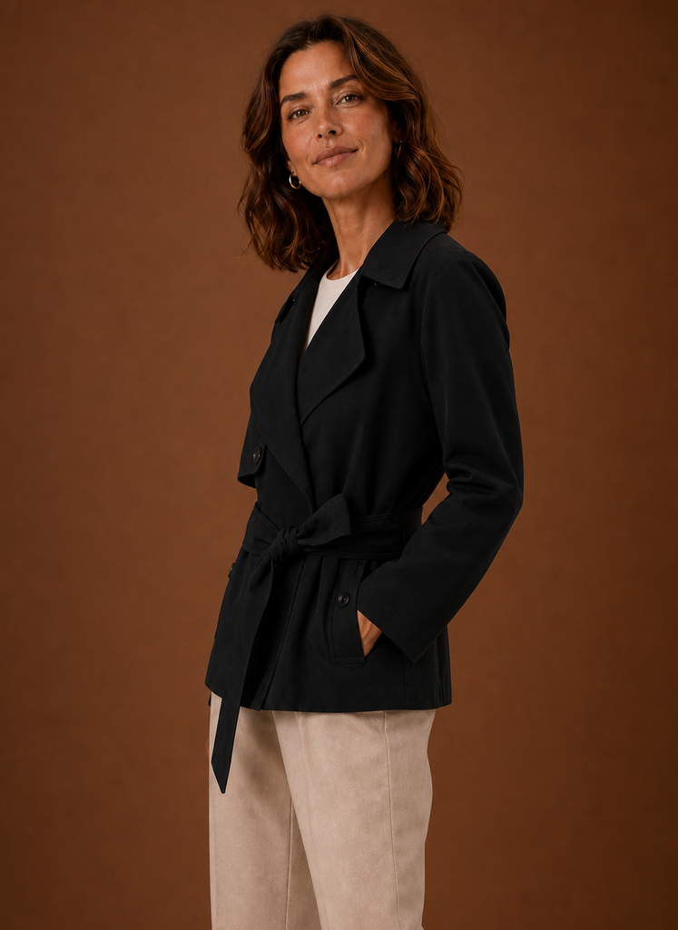 Women's belted trench coat featuring a streamlined fit, designed for all seasons, showcasing a classic silhouette and versatile style. 6