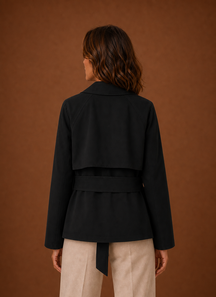 Women's belted trench coat featuring a streamlined fit, designed for all seasons, showcasing a classic silhouette and versatile style. 7