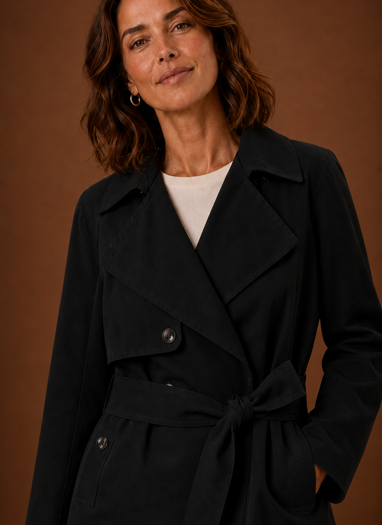 Women's belted trench coat featuring a streamlined fit, designed for all seasons, showcasing a classic silhouette and versatile style. 8