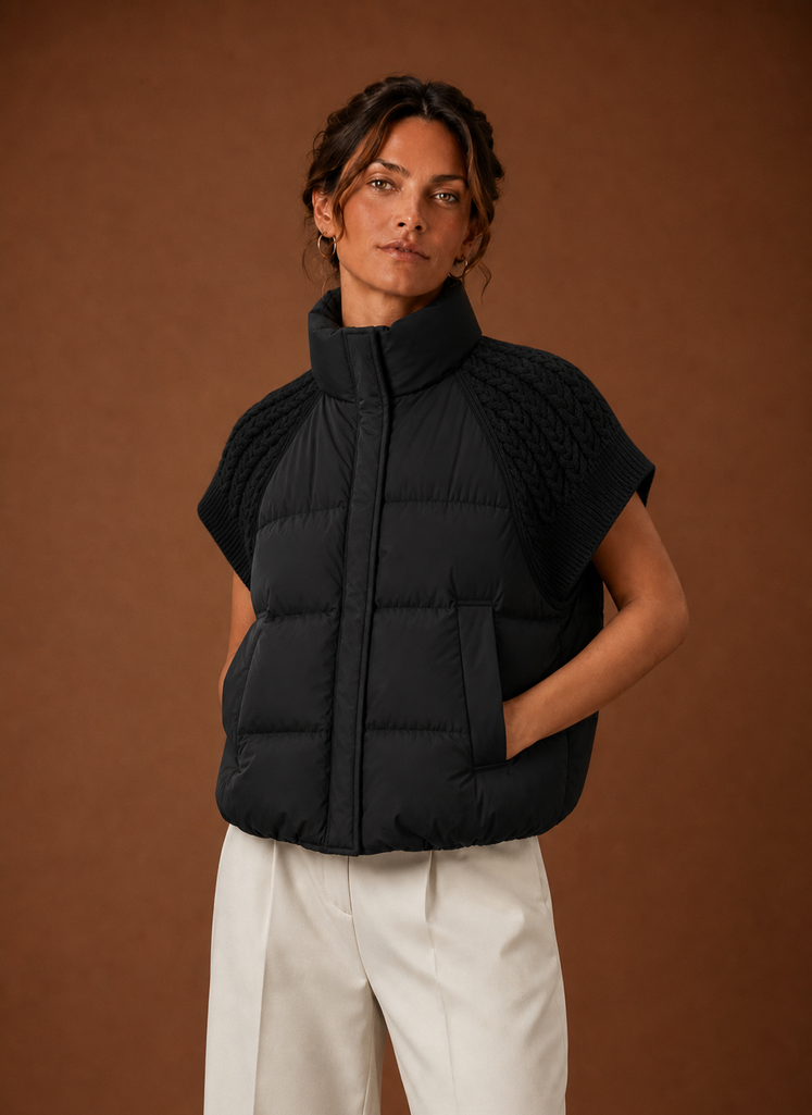 Women's black sleeveless puffer vest featuring stylish knit shoulder panels, perfect for layering in cool weather. 0