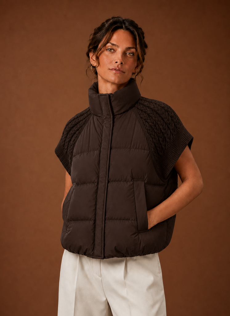 Women's black sleeveless puffer vest featuring stylish knit shoulder panels, perfect for layering in cool weather. 1