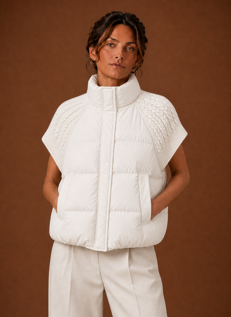 Women's black sleeveless puffer vest featuring stylish knit shoulder panels, perfect for layering in cool weather. 2