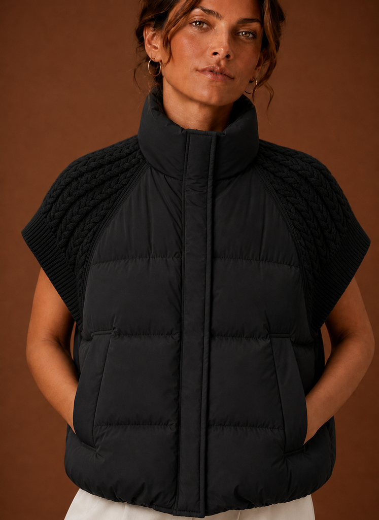 Women's black sleeveless puffer vest featuring stylish knit shoulder panels, perfect for layering in cool weather. 4