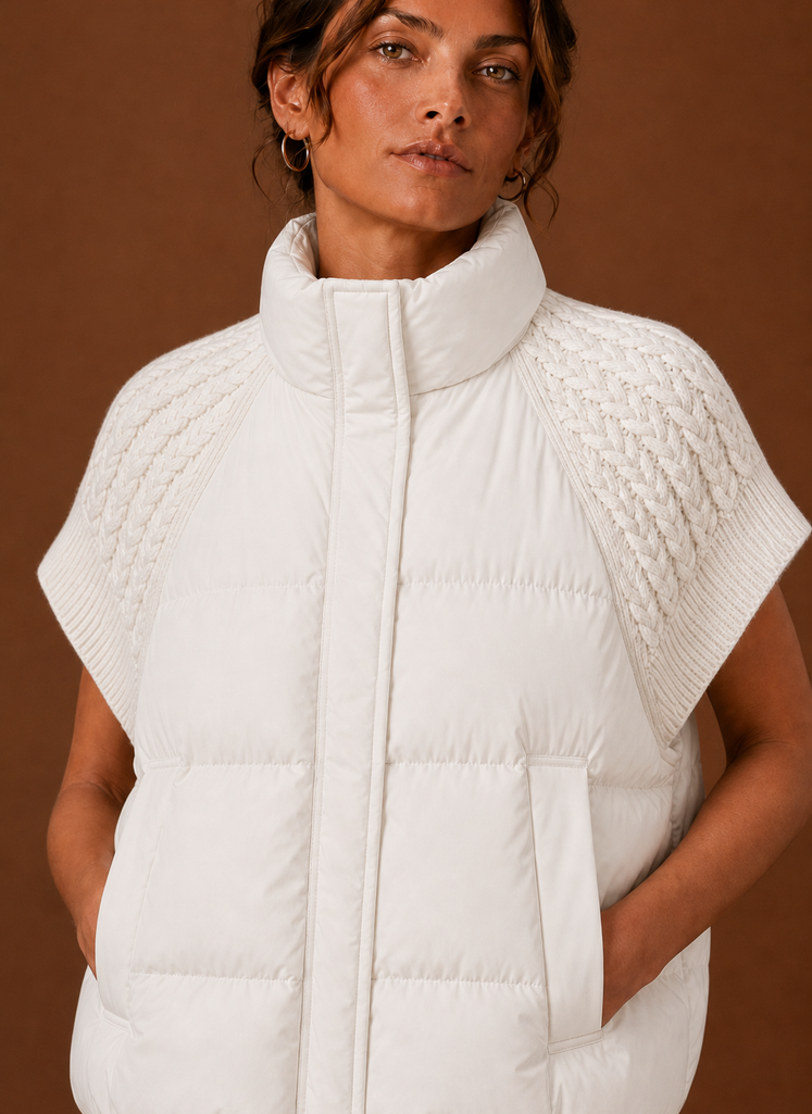 Women's black sleeveless puffer vest featuring stylish knit shoulder panels, perfect for layering in cool weather. 6