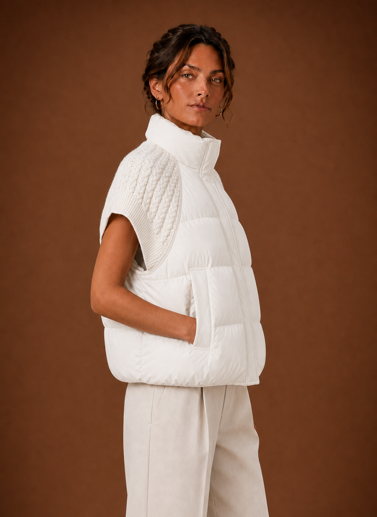 Women's black sleeveless puffer vest featuring stylish knit shoulder panels, perfect for layering in cool weather. 7