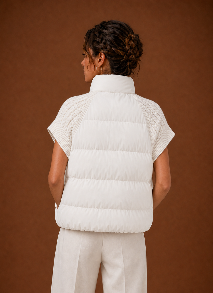 Women's black sleeveless puffer vest featuring stylish knit shoulder panels, perfect for layering in cool weather. 8