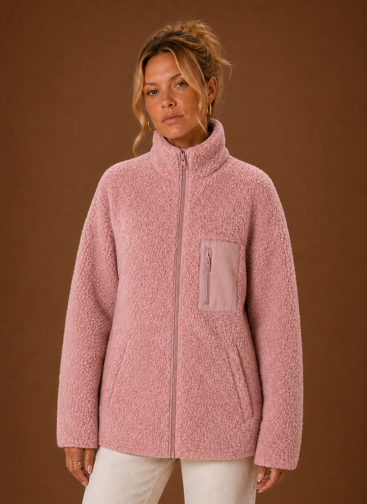 Women's casual sherpa zip-up jacket featuring a relaxed fit, perfect for layering in chilly weather. 1