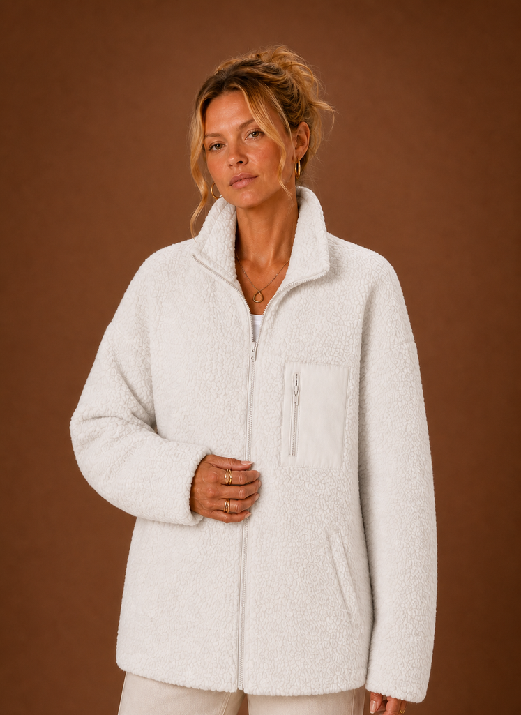 Women's casual sherpa zip-up jacket featuring a relaxed fit, perfect for layering in chilly weather. 3
