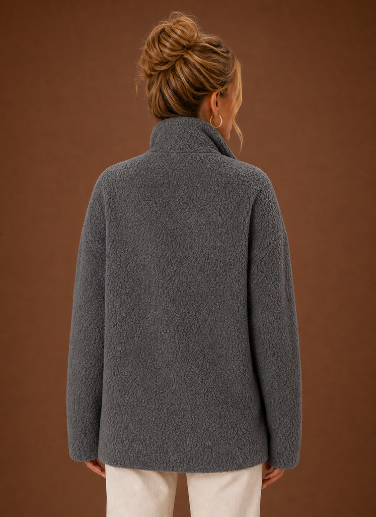 Women's casual sherpa zip-up jacket featuring a relaxed fit, perfect for layering in chilly weather. 4