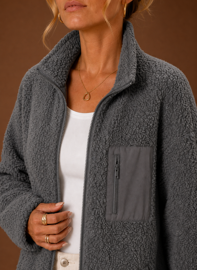 Women's casual sherpa zip-up jacket featuring a relaxed fit, perfect for layering in chilly weather. 6