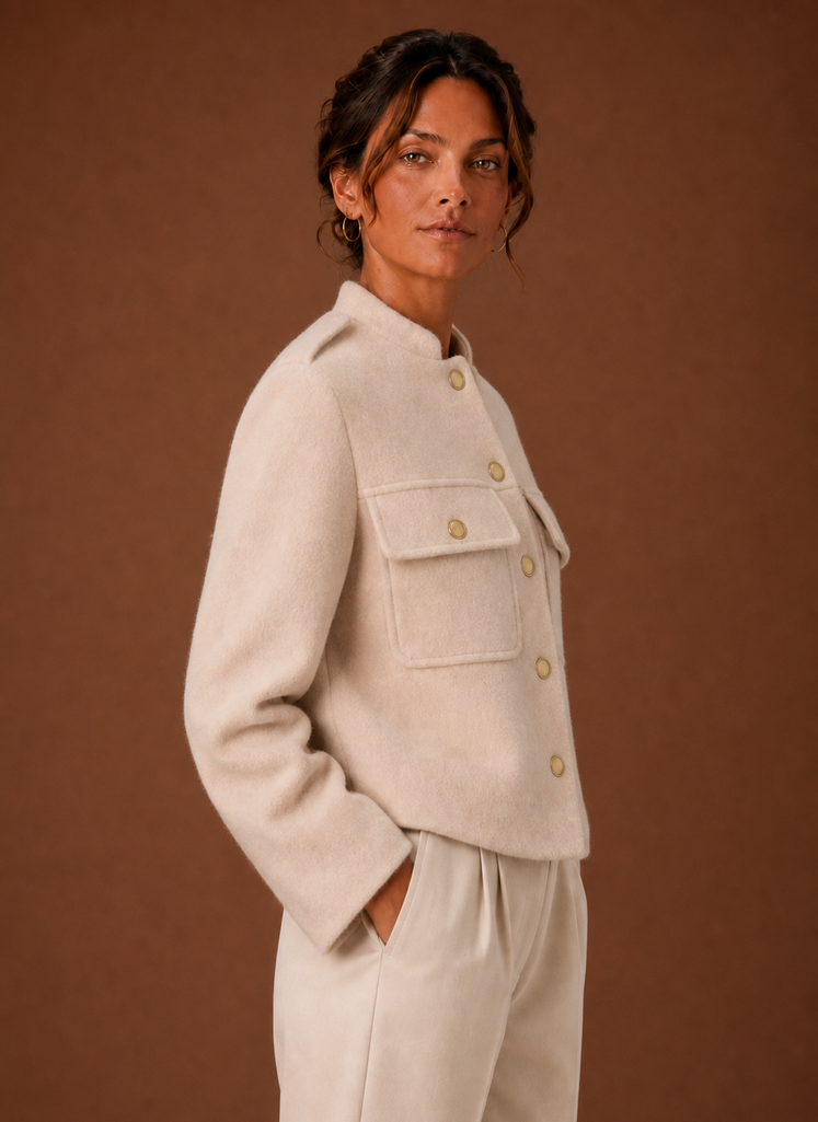 Women's cropped button-front jacket featuring a tailored fit, designed for a stylish and modern look, perfect for layering over casual or formal outfits. 1
