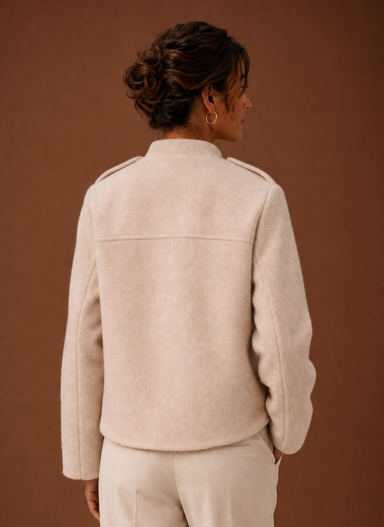 Women's cropped button-front jacket featuring a tailored fit, designed for a stylish and modern look, perfect for layering over casual or formal outfits. 2