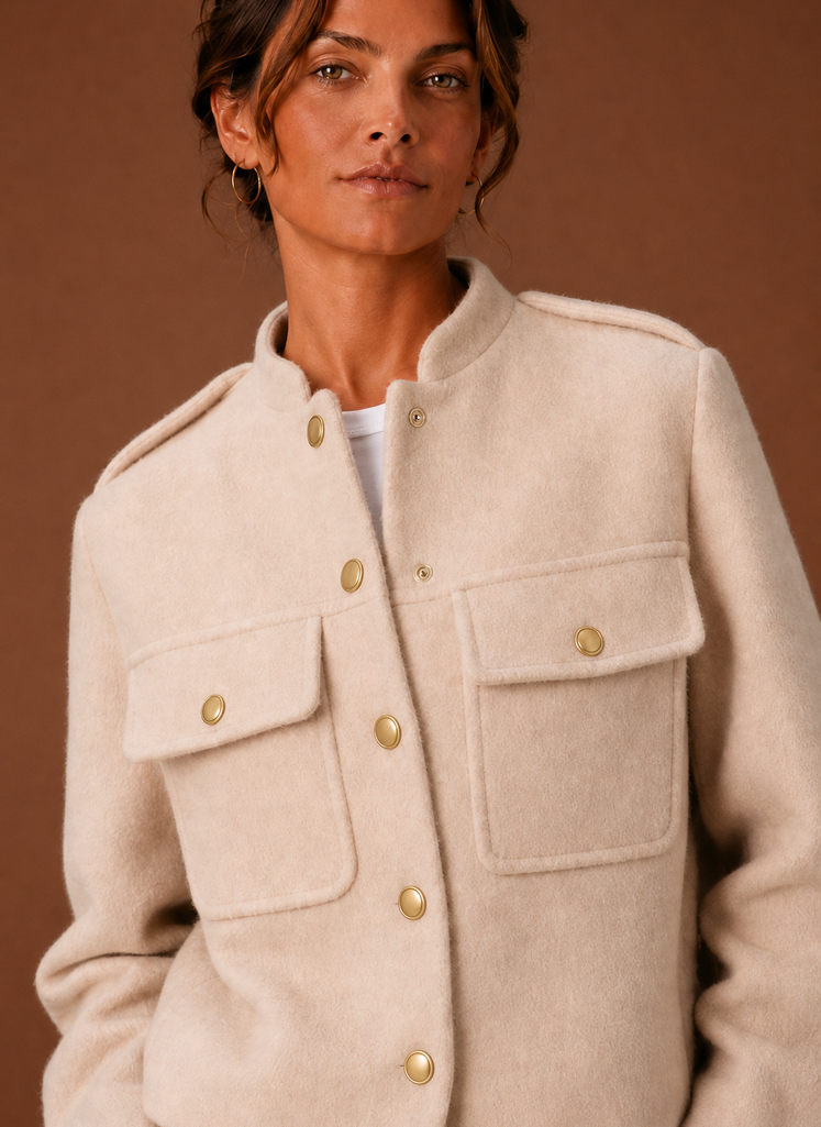 Women's cropped button-front jacket featuring a tailored fit, designed for a stylish and modern look, perfect for layering over casual or formal outfits. 3
